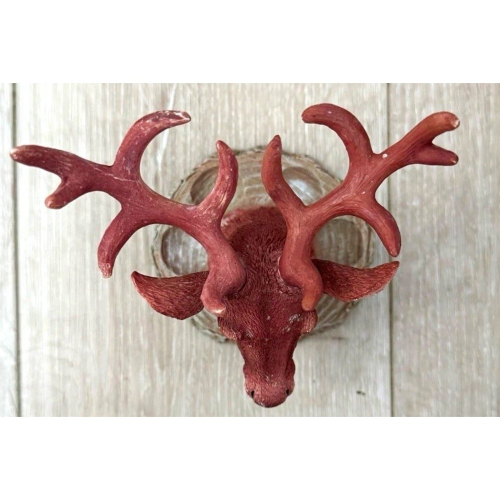 Kmart Resin Deer Head Bust Figurine on Faux Wood Base, Brown Antlers